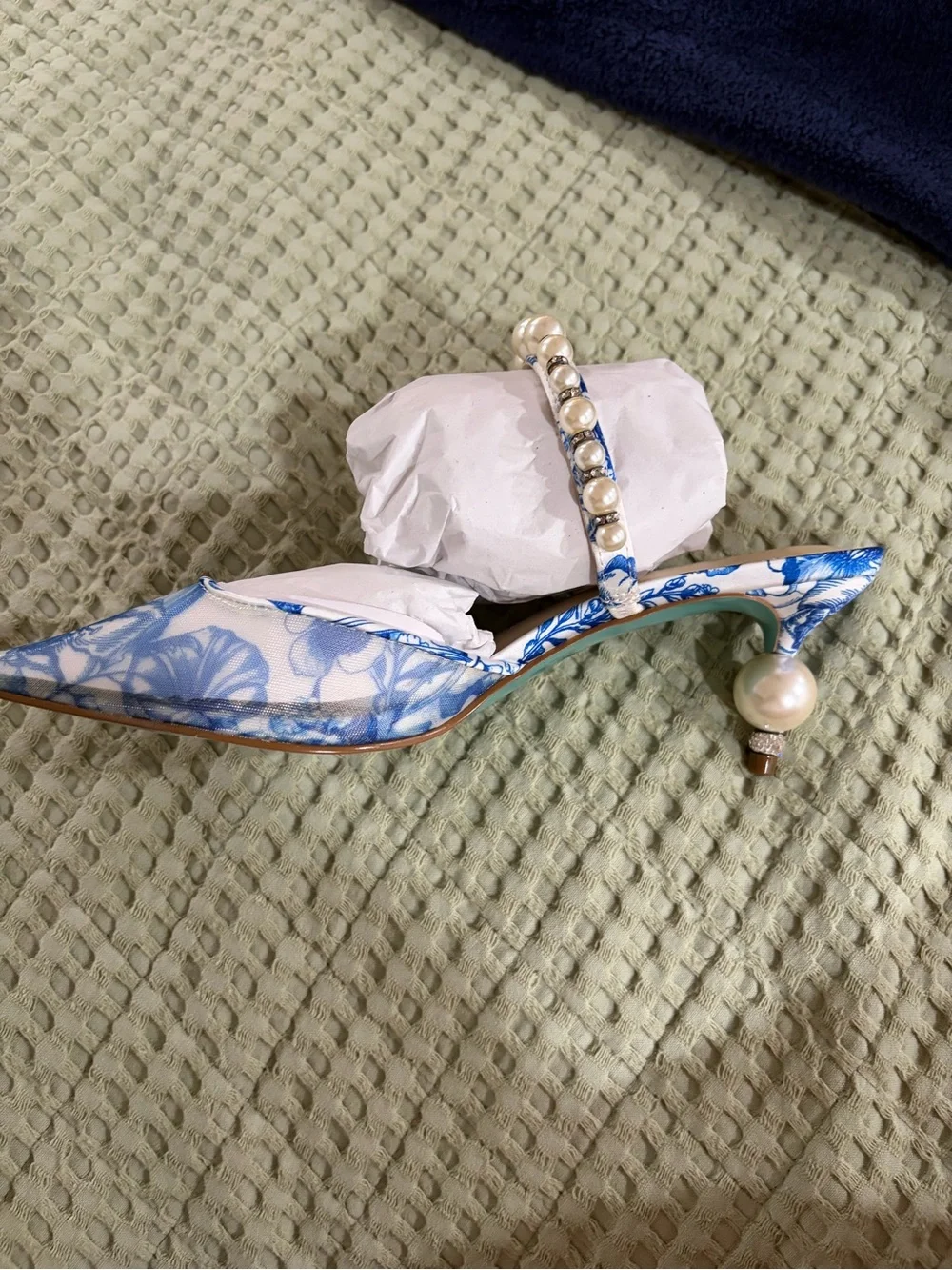 Betsey Johnson Blue and White Floral Pearl-Accented Heels